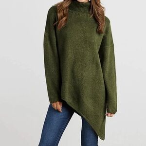 Turtleneck Long Sleeve Ribbed Trim Asymmetric Split Hem Pullover Sweater